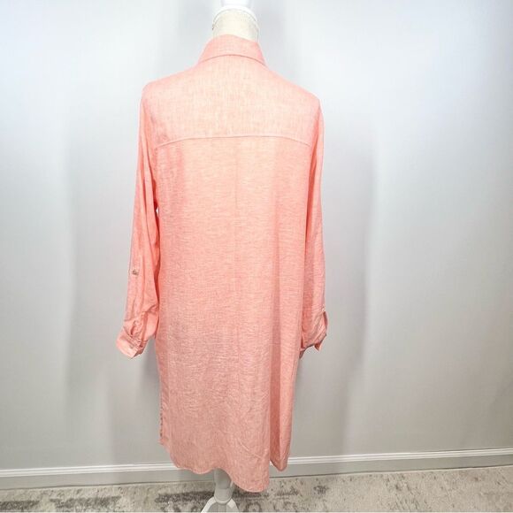 Tahari Linen Blend Coral Button Up Cover Up Shirt Dress Large - Picture 5 of 10